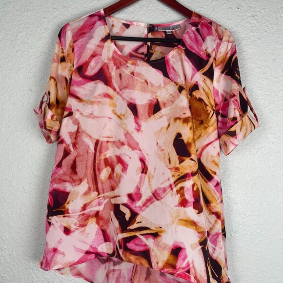 Jennifer Lopez Pink Brown Yellow Floral Short Sleeve Split Back Womens Top M - Picture 1 of 15